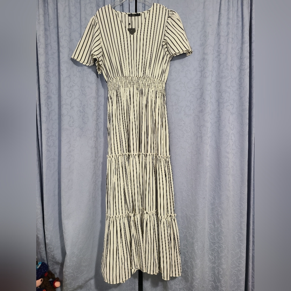 NWT Size Medium Mikarose Striped Black and Cream Maxi Dress